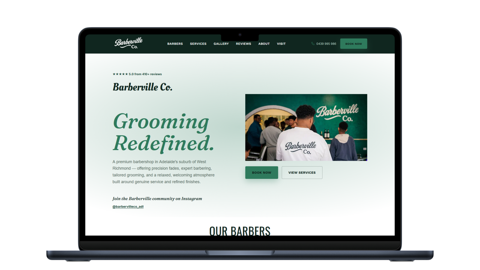 Barberville website shown on a laptop
