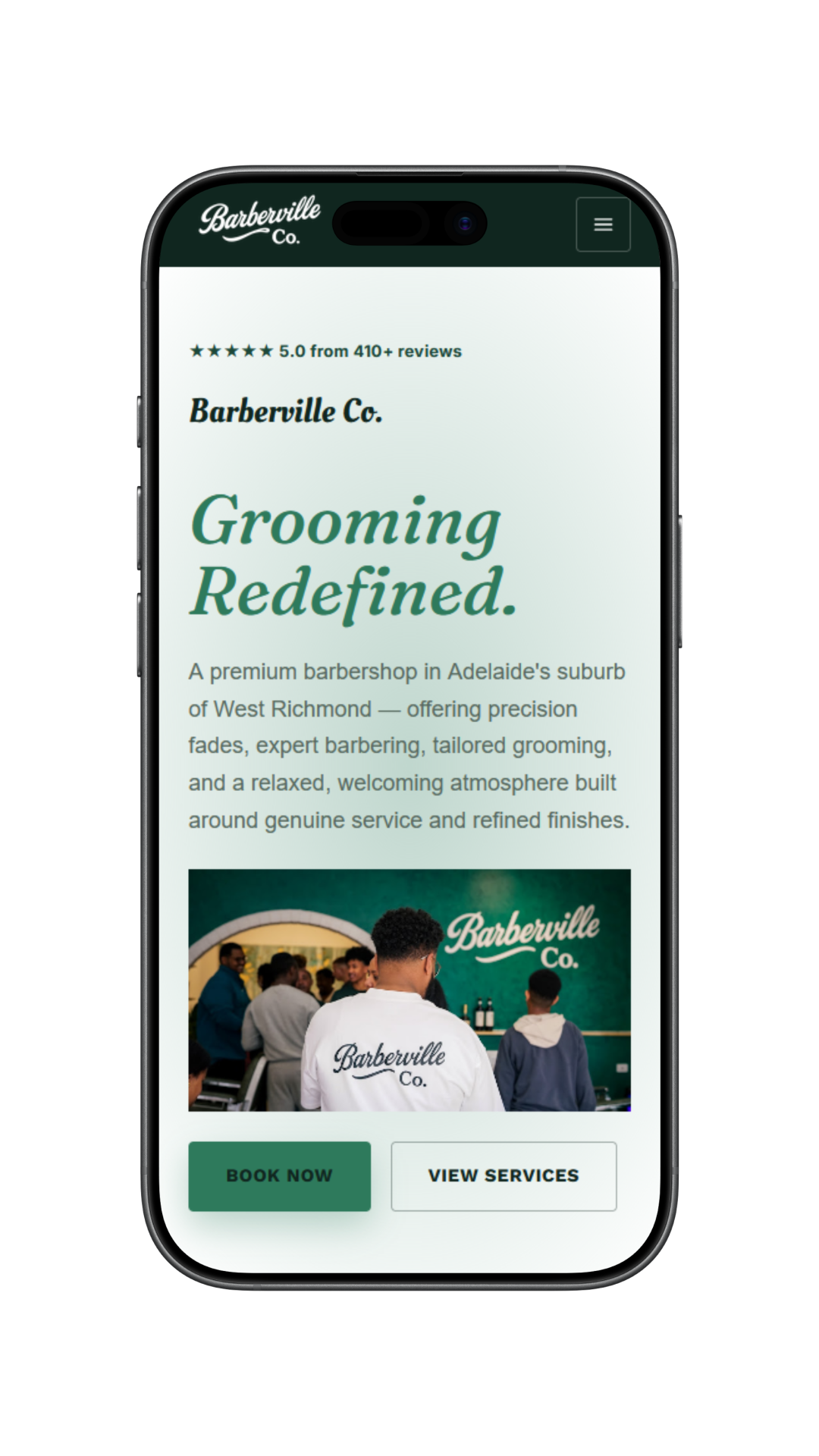 Barberville website shown on a phone