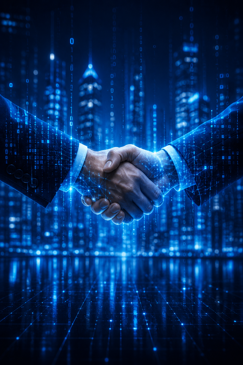 Digital illustration of a business handshake set against a city skyline, representing a technology partnership